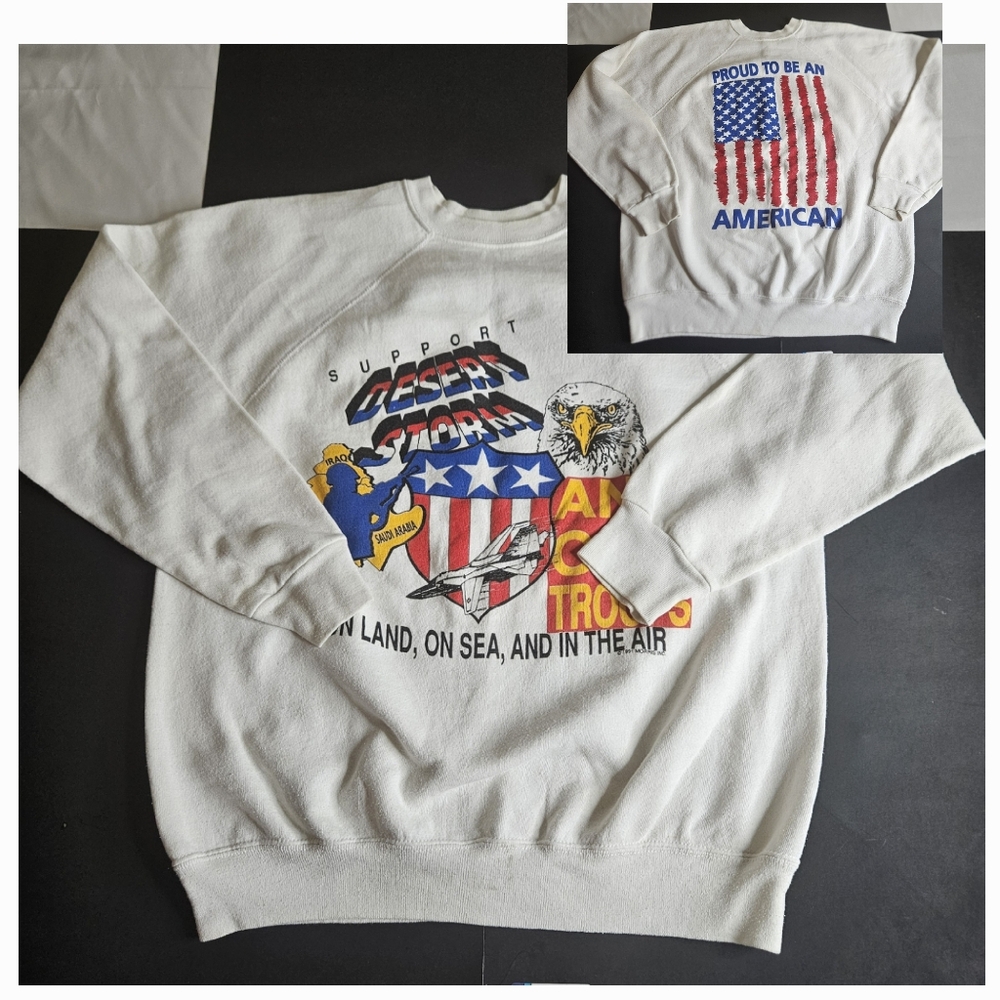Vintage Tultex Double Graphic Sweatshirt Sz Large American Eagle American Troops